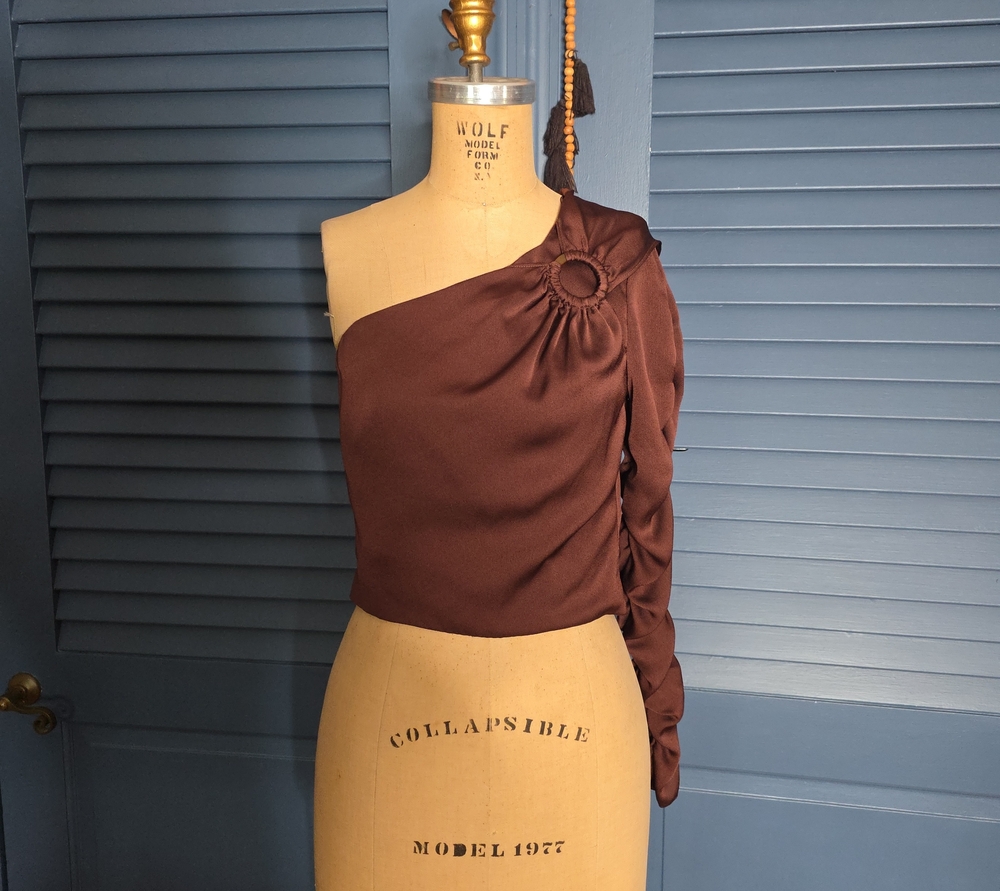 One-Shoulder Chocolate Brown Satin Dress with Ruched Sleeve